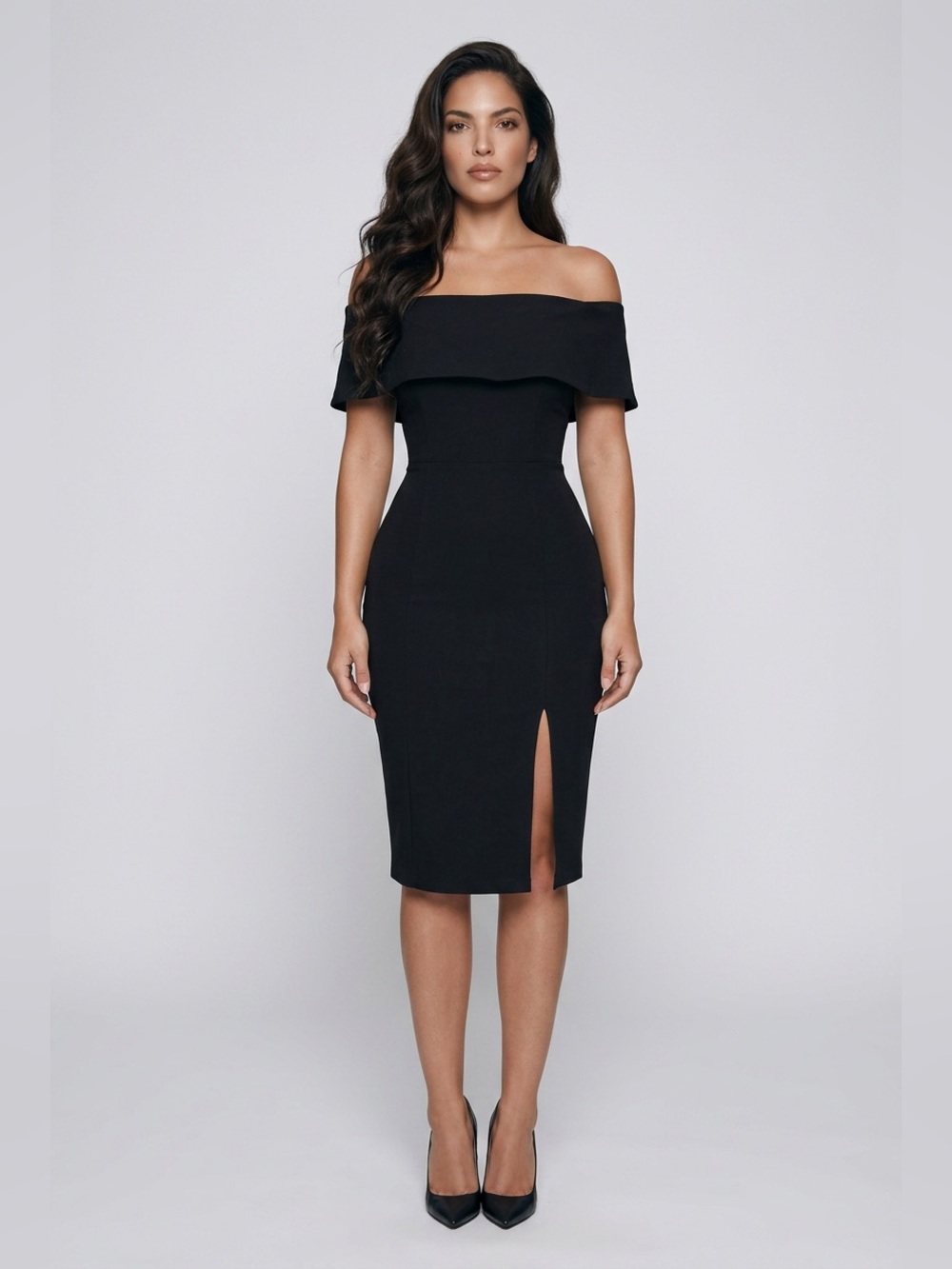 White Fox Off Shoulder Black Midi Dress